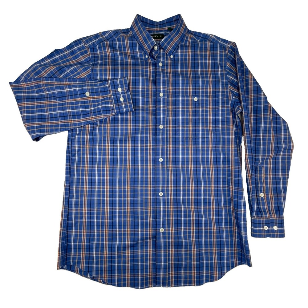 New Orvis Mens Plaid Button Down Long Sleeve Shirt Large Tall LT Blue Orange NWT